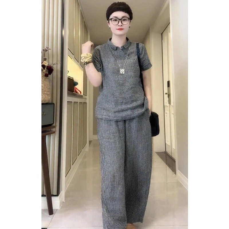 欧洲站2025夏季新款韩系百搭休闲翻领短袖上衣高腰阔腿裤格子套装