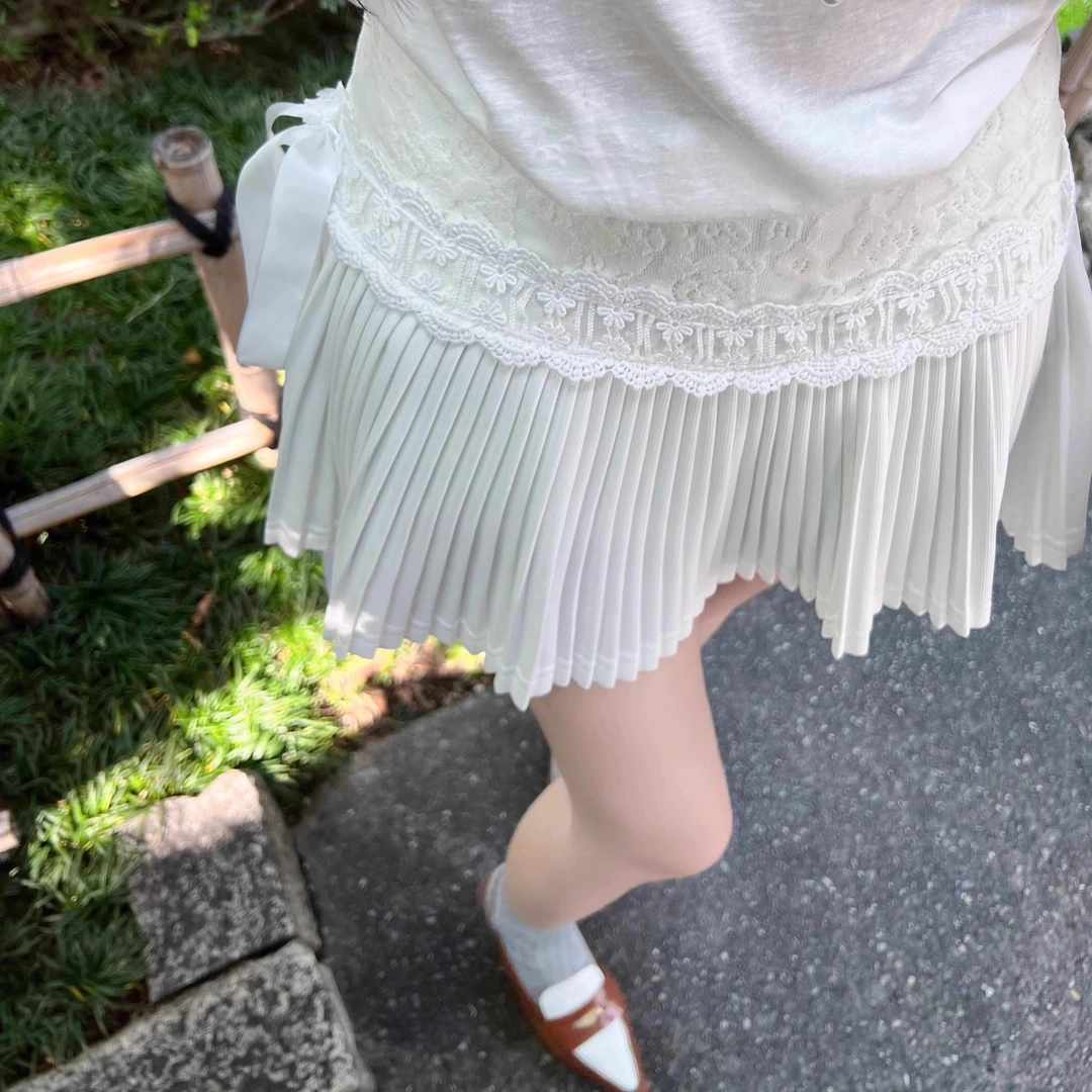 【甜心doll】白色纯欲少女感百搭蛋糕百褶裙芭蕾风蕾丝拼接系带短裙