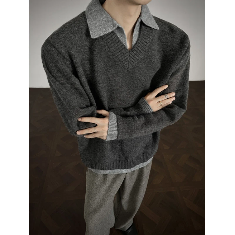 美式复古假两件翻领毛衣男秋冬季翻领老钱风针织衫上衣慵懒风外套