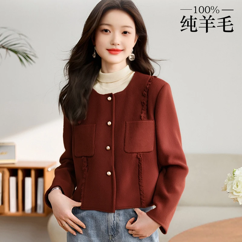 25689韩风手工大衣短款百搭大衣针织毛呢外套春秋女