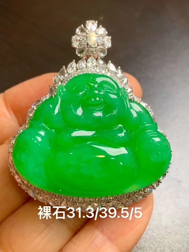 天然缅甸翡翠A货冰阳绿大佛吊坠种好色阳佩戴美丽时尚优雅