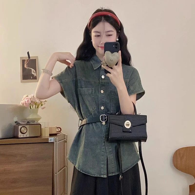 港风复古薄款牛仔短袖衬衫女2025夏季大码微胖mm收腰巨显瘦上衣潮