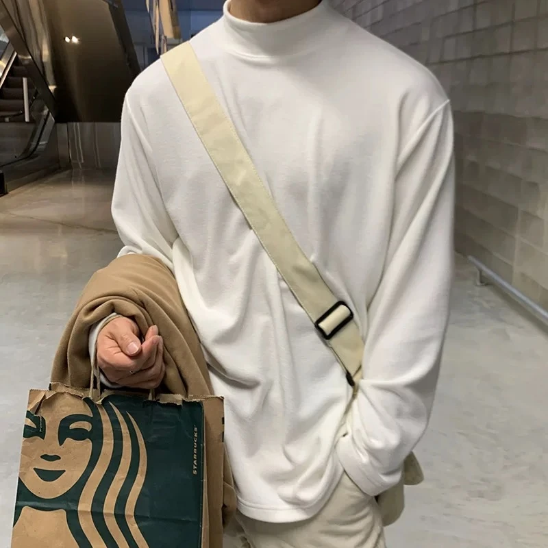 半高领打底衫长袖上衣男士秋冬韩版修身纯色内搭双面德绒T恤衫