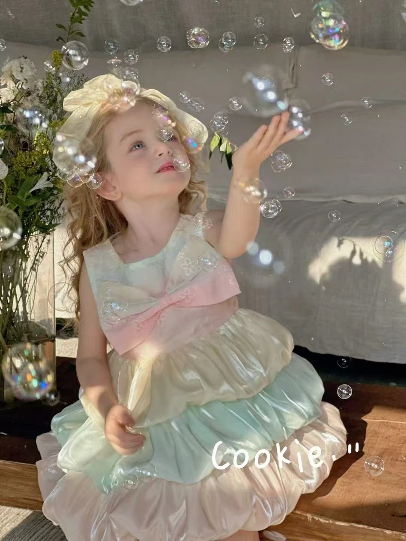 Cookie饼干原创正品女小童2025夏季新款无袖百搭彩虹公主连衣裙子