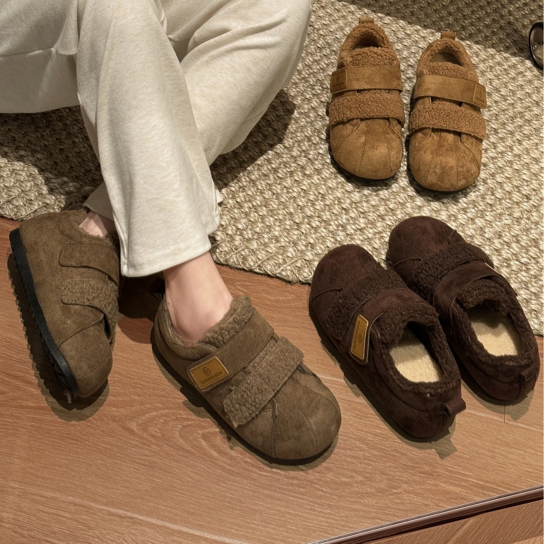 贾不假复古加绒保暖棉鞋女款2025新款冬季休闲魔术贴面包鞋毛茸茸