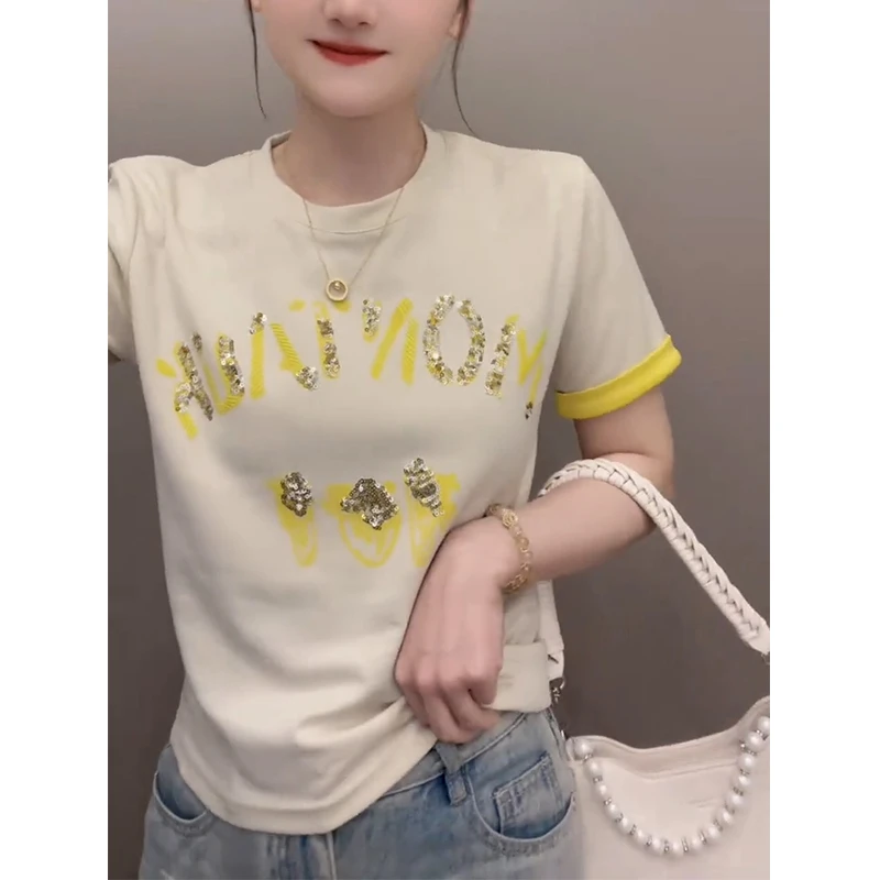 高含棉小个子休闲字母亮片短袖t恤女2025夏季新款慵懒风百搭上衣