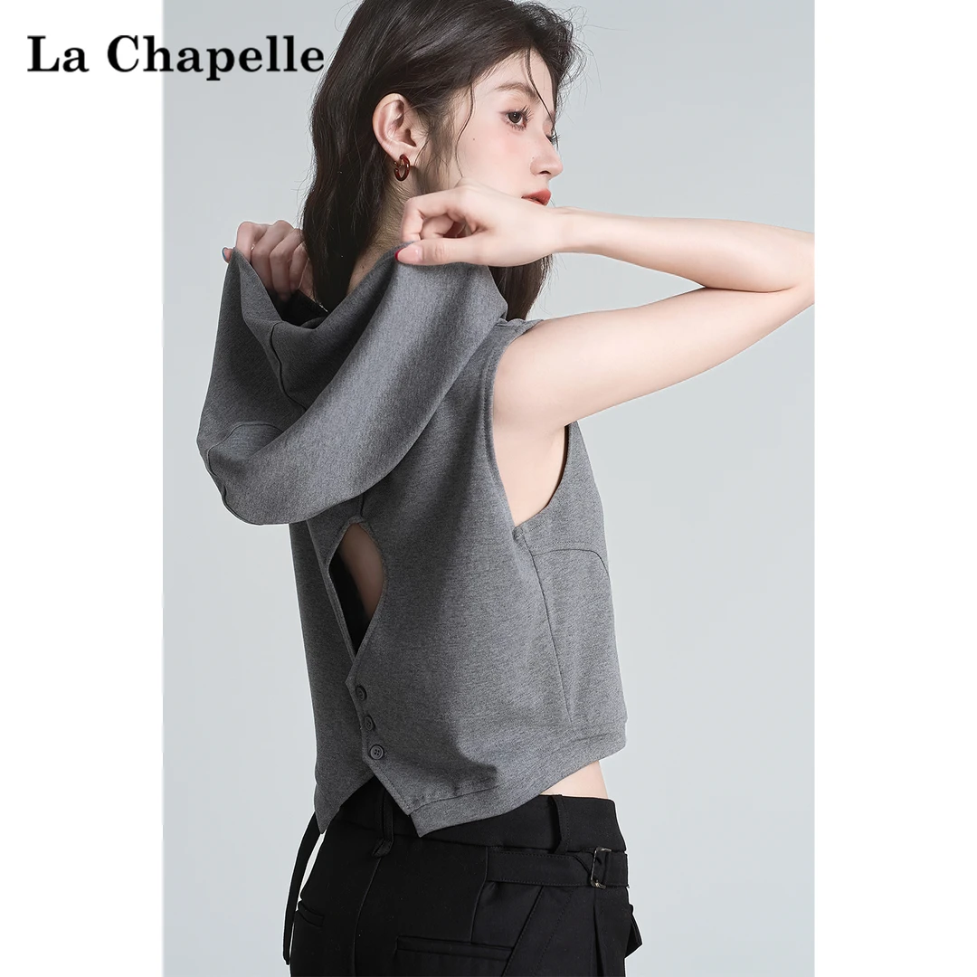 拉夏贝尔露背镂空设计感连帽无袖坎肩T恤女辣妹风小众别致短上衣