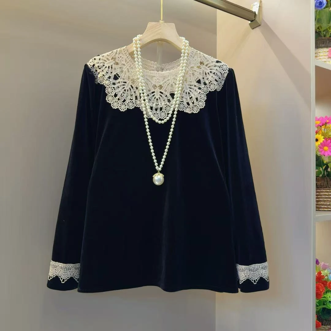 欧洲站气质拼接镂空女神丝绒小衫衣长63左右