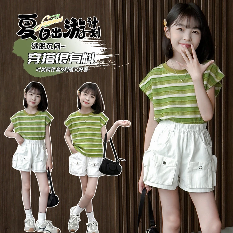女童夏季短袖条纹T恤儿童撞色韩式坎肩简约百搭上衣外穿短裤套装