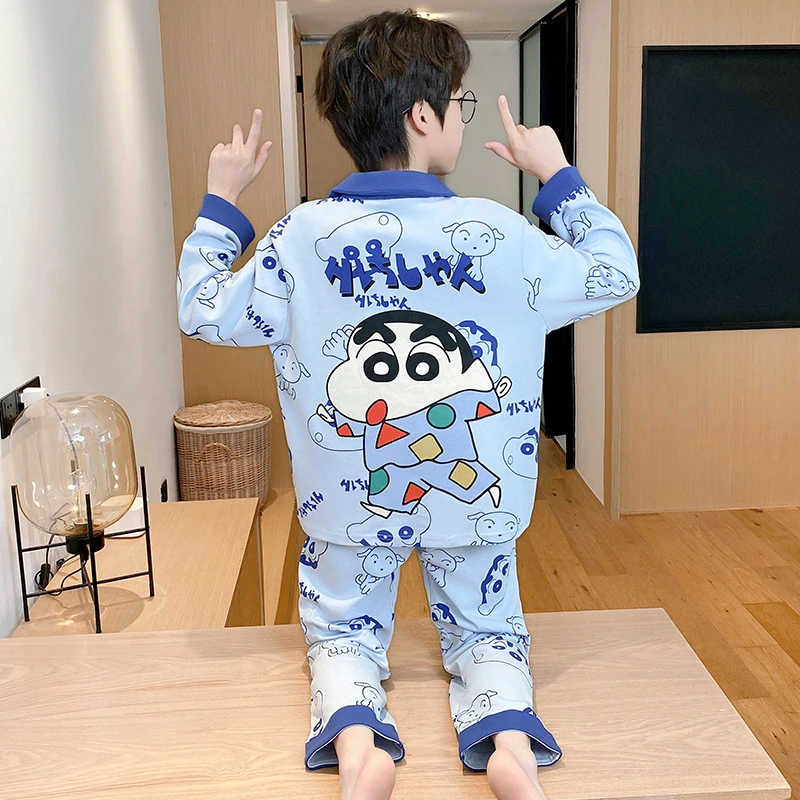 春秋季儿童纯棉长袖开衫睡衣中大童卡通风休闲透气男童家居服套装