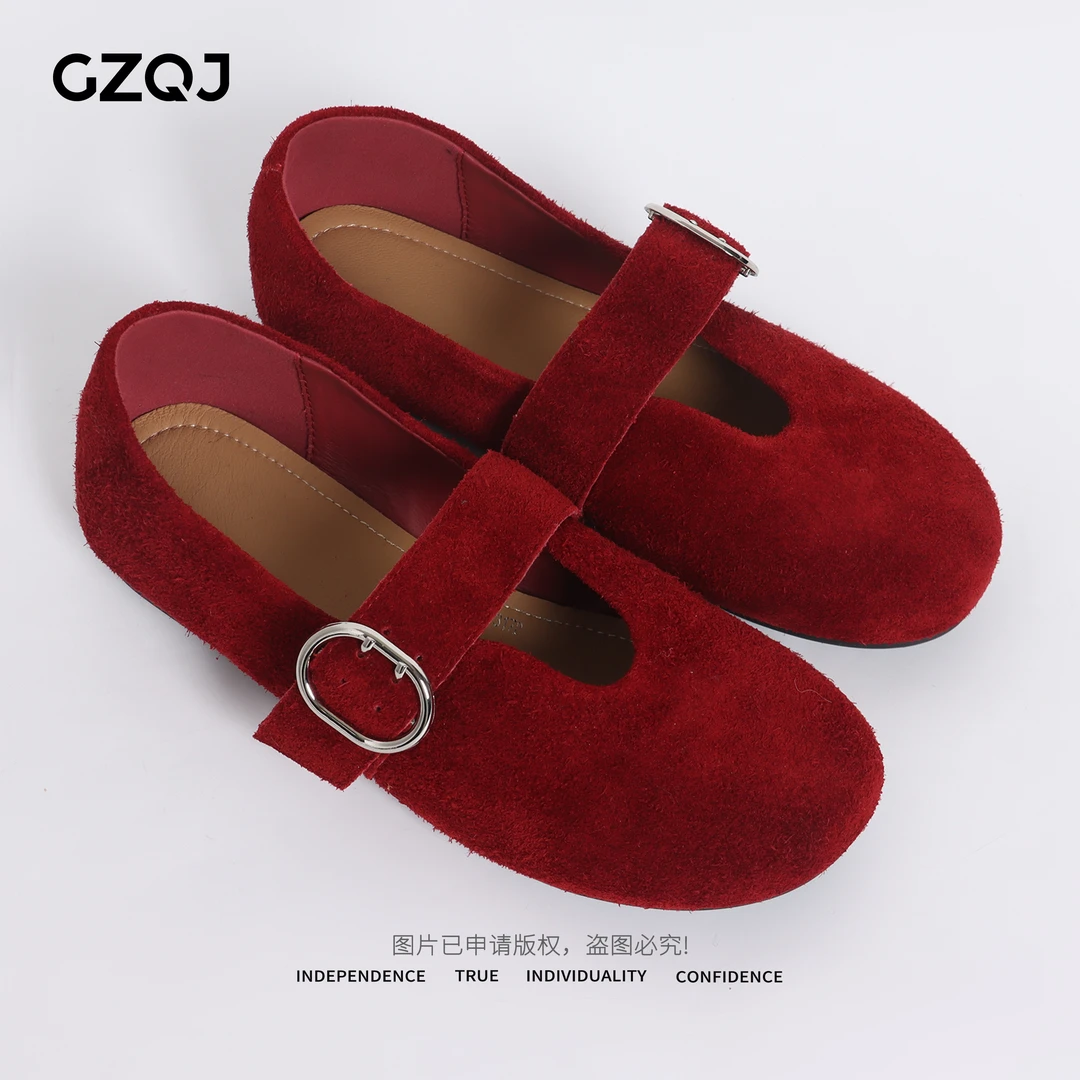 广州琴姐 欧若风韩版玛丽珍浅口平跟牛反绒一字带单鞋女  6317