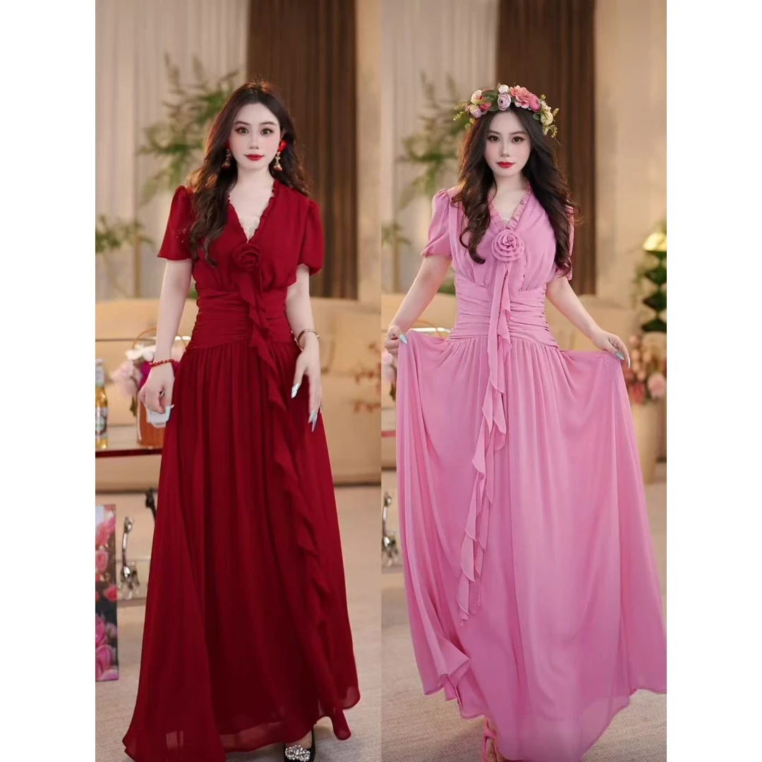 【INXU】粉色回忆 法式修身显瘦气质优雅长款连衣裙-HZ756