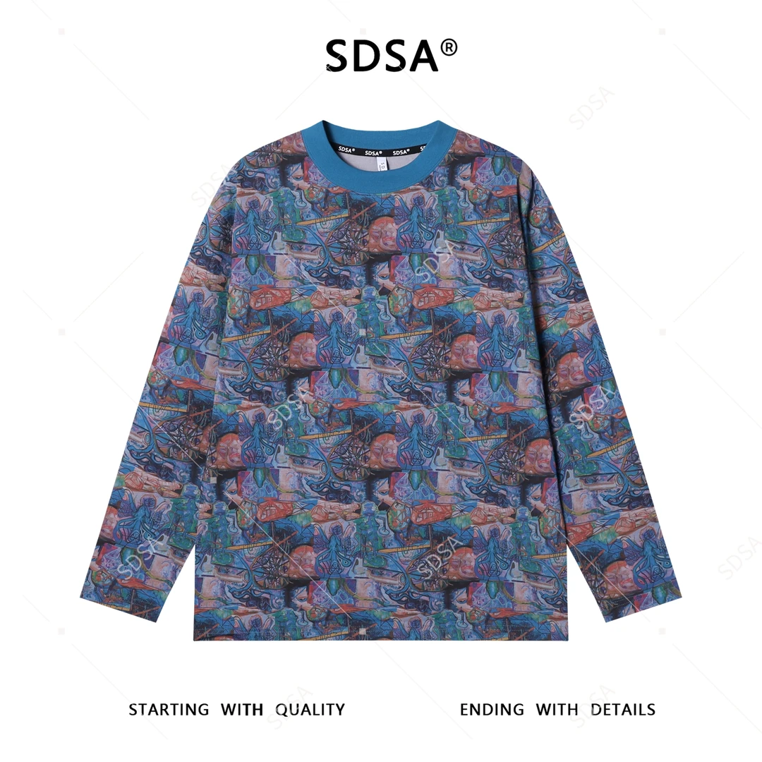 SDSA男士秋冬新款痞帅男装百搭艺术油画图案圆领长袖T恤百搭时尚