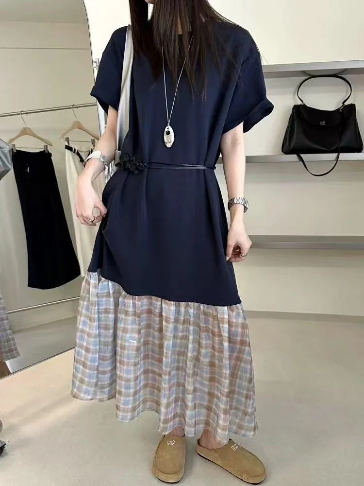 8028-31452 撞色格子拼接连衣裙