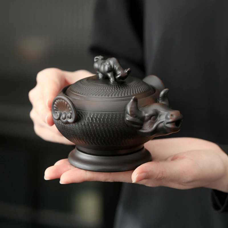 云南建水复古紫陶手抓壶牛转乾坤旋转泡茶壶功夫茶具茶玩茶道泡茶