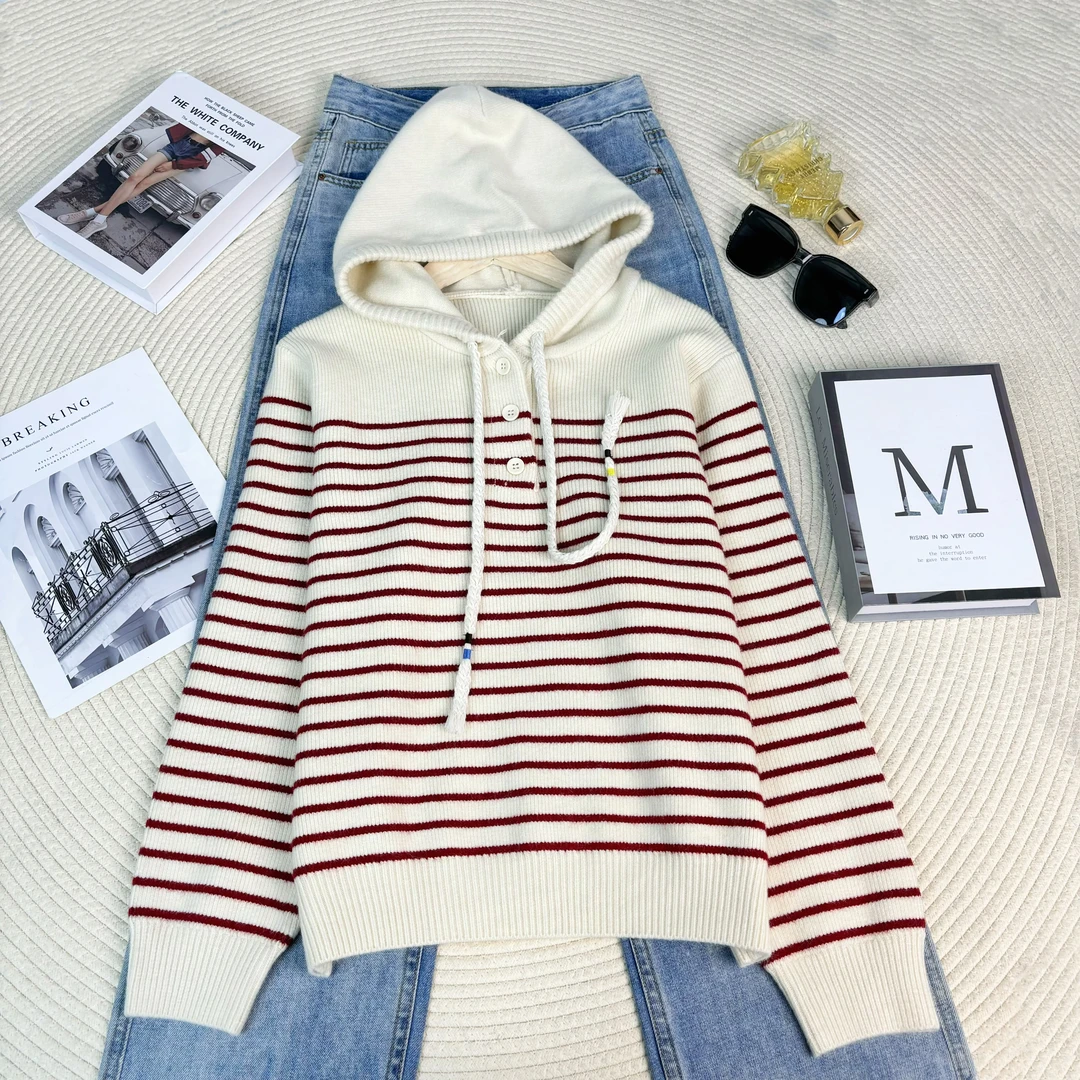 玲姐定制-连帽抽绳款撞色细条纹款套头宽松休闲针织毛衣473735