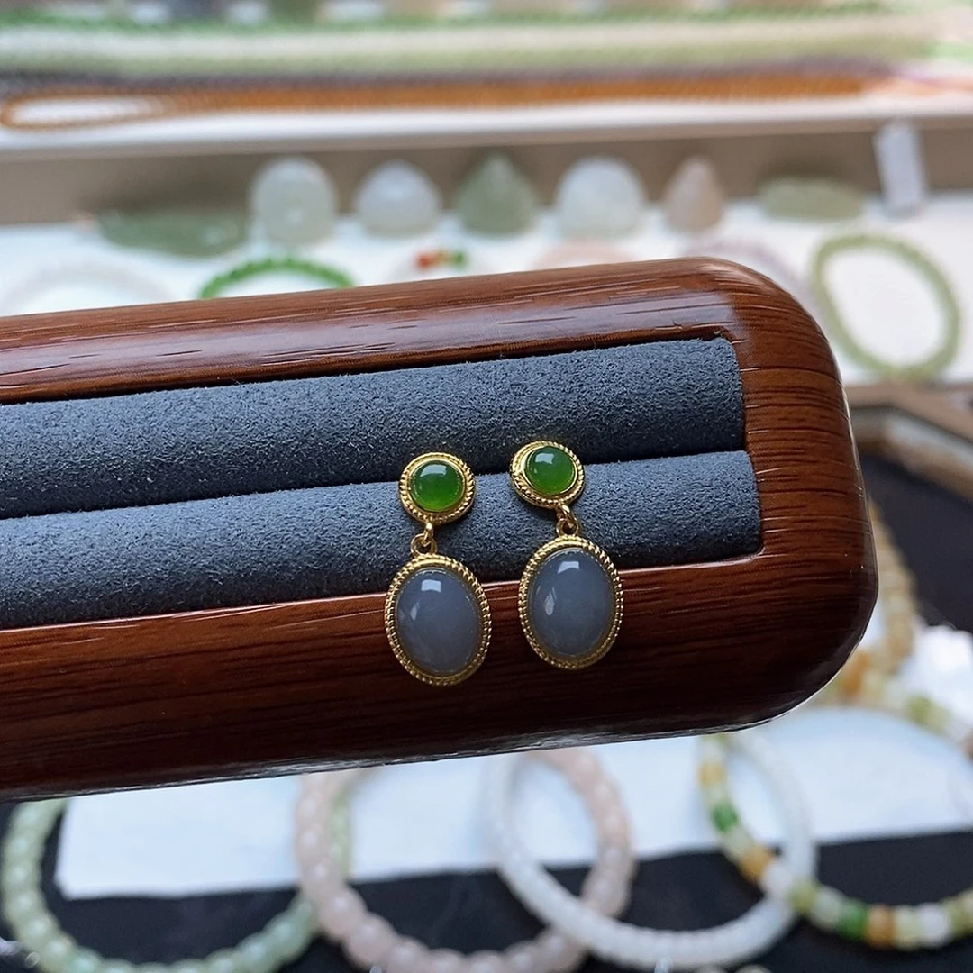 和田玉耳饰银S925镶嵌碧玉 烟紫耳钉