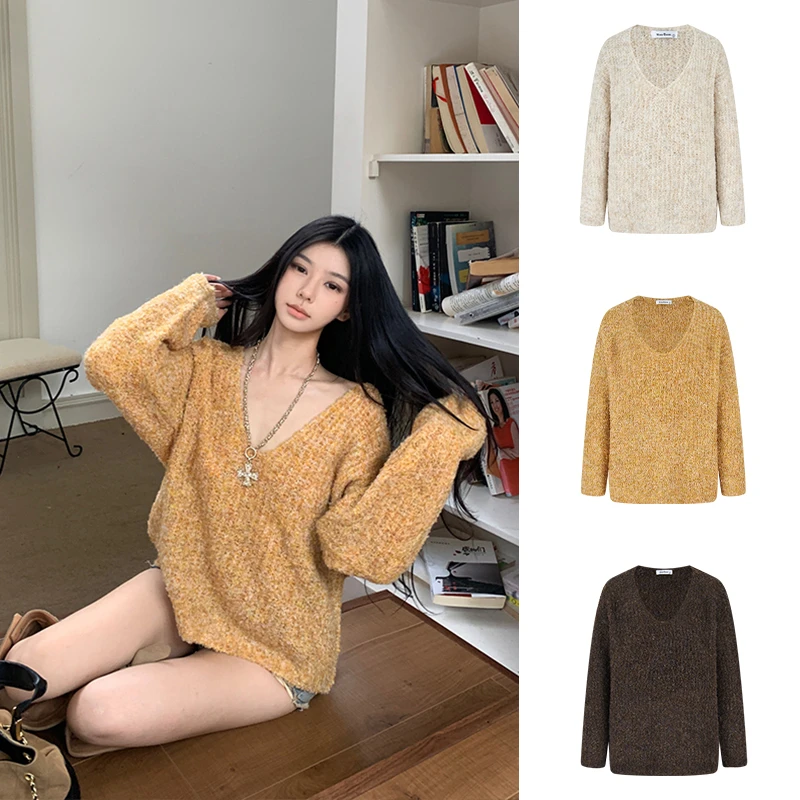 Moses Queen/魔西女王韩系黄色大V领针织毛衣秋冬宽松显瘦上衣