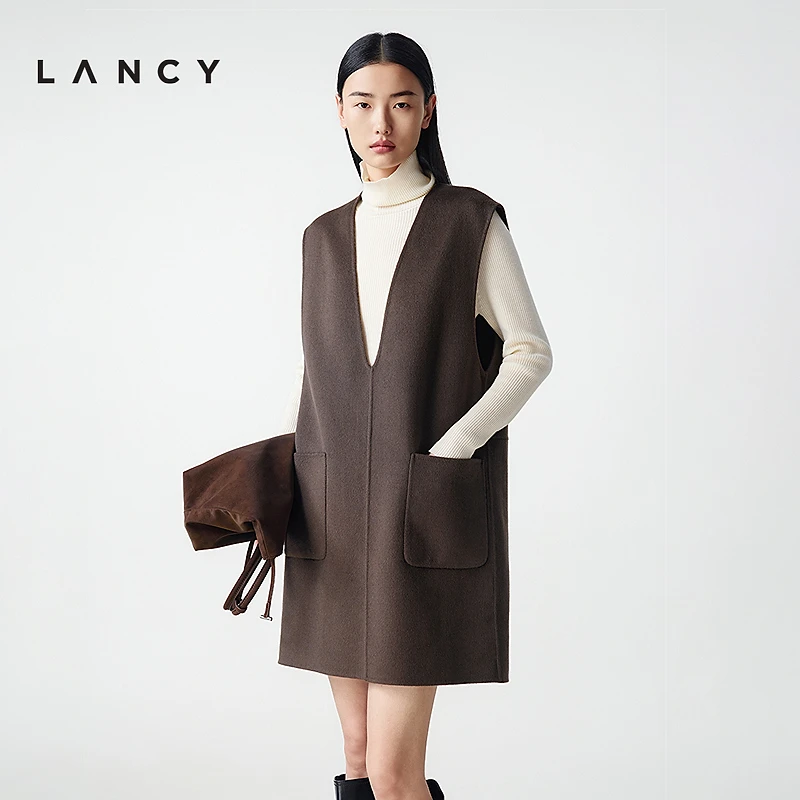 【羊毛羊绒】LANCY/朗姿2025冬新款老钱风双面呢V领背心裙连衣裙