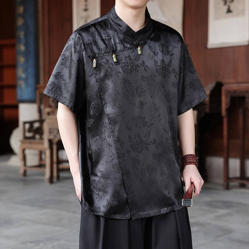 新中式斜襟汉服夏季中国风男装暗纹提花冰丝短袖衬衫复古吊坠唐装