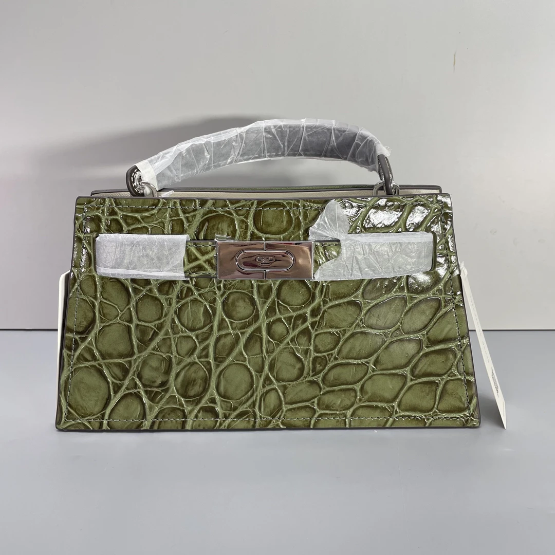 99新 TORY BURCH/汤丽柏琦 lee绿色鳄压手提包24*13*6cmE061405