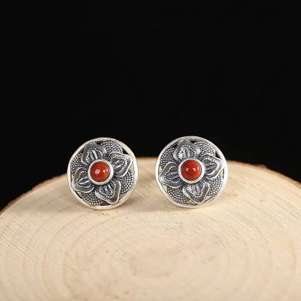 925银珐琅耳饰 纯银圆形四叶花耳钉古风国风耳钉