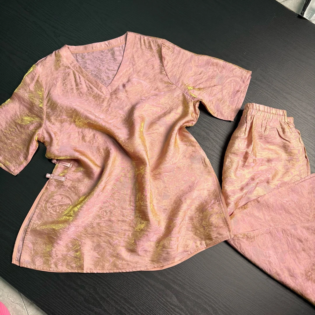 国风提花短袖裤子两件套矮领2025年夏季新款新中式