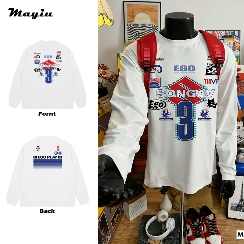 赛车元素美式vintage秋冬嘻哈印花圆领T恤男女纯棉长袖上衣