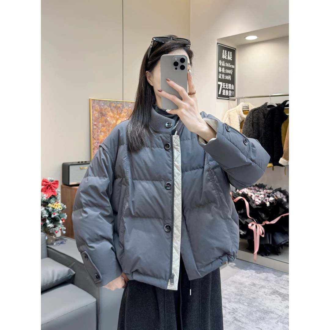 高端欧货2025冬装新款立领针织拼接单排扣棉服女短外套