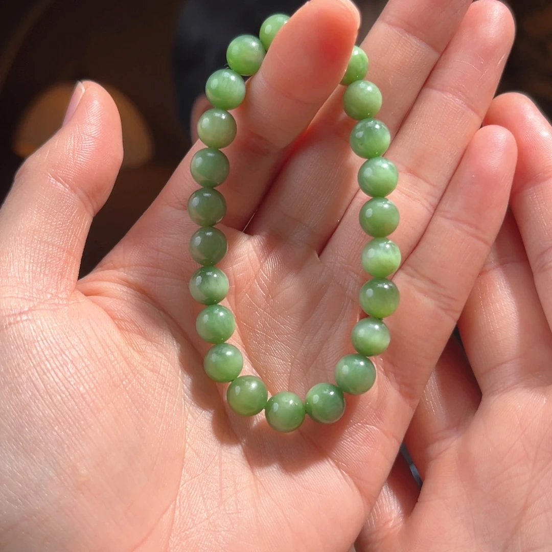 未镶嵌手串和田玉新疆且末黑羊洞绿猫8mm1200