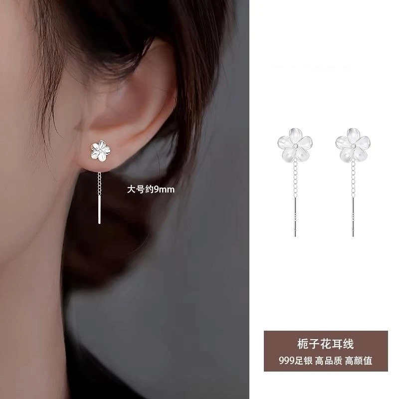足银耳饰 S999纯银栀子花耳线小众设计高级百搭轻奢耳环长款简约