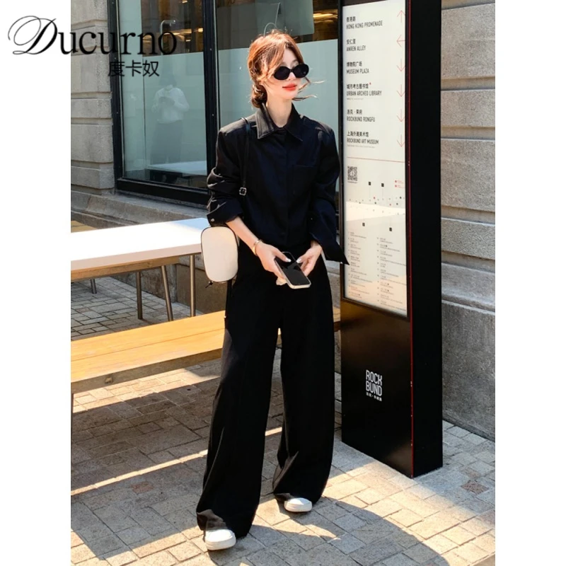 黑色韩系气质一整套穿搭女2025年秋季新款复古工装外套阔腿裤套装