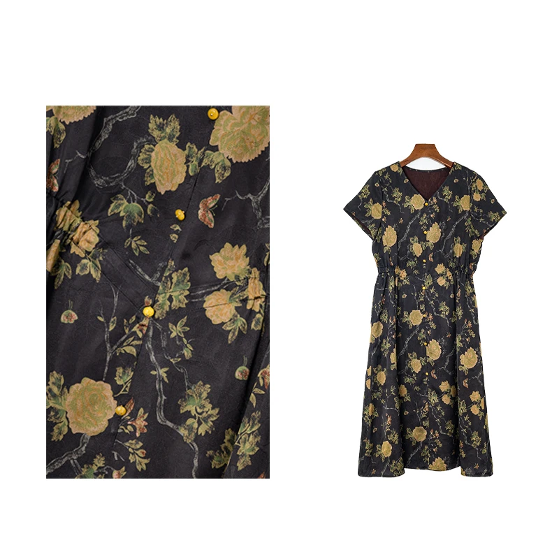 [花开半夏] 春夏新品云锦系6A级桑蚕丝香云纱冠乐皱气质连衣裙31