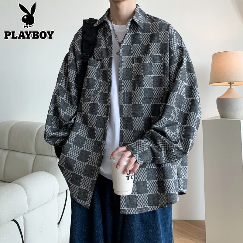 复古水洗不规则棋盘格衬衫男装春秋新款小众休闲宽松长袖衬衣外套