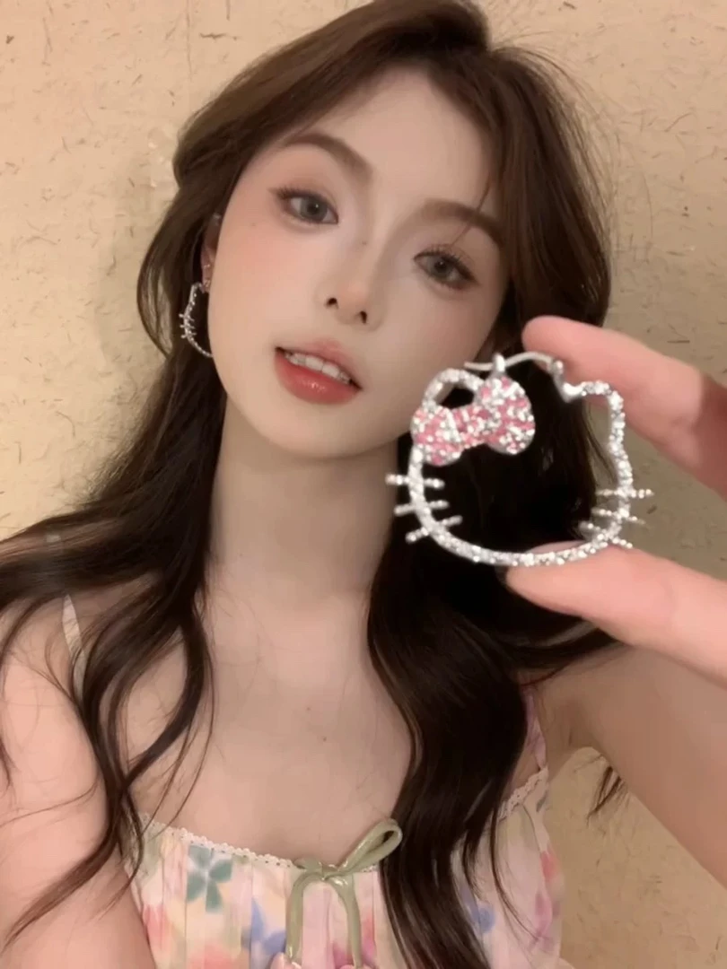 合金锆石耳饰 甜酷时尚复古满钻kitty素圈耳环夸张气质耳夹女耳饰