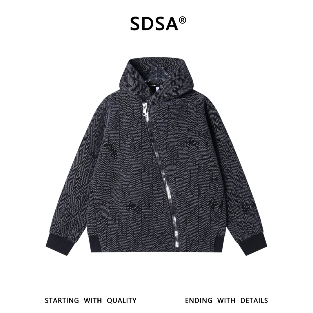 SDSA男士秋冬新款痞帅男装时尚绒毛波浪线斜拉链连帽卫衣百搭时尚