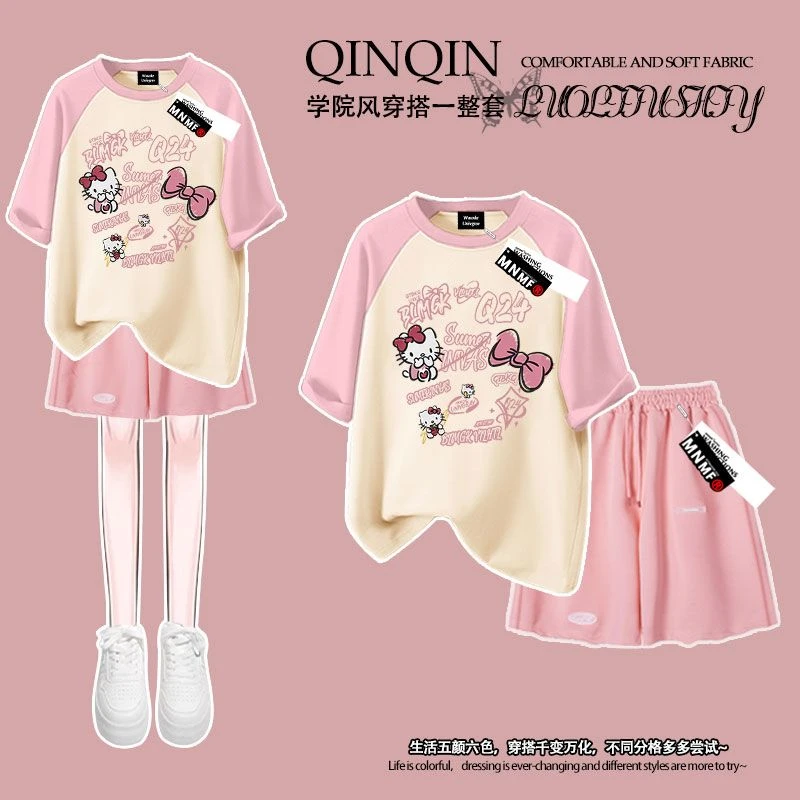 女童纯棉插肩短袖t恤短裤套装夏季2025新款凯蒂猫印花中大童上衣