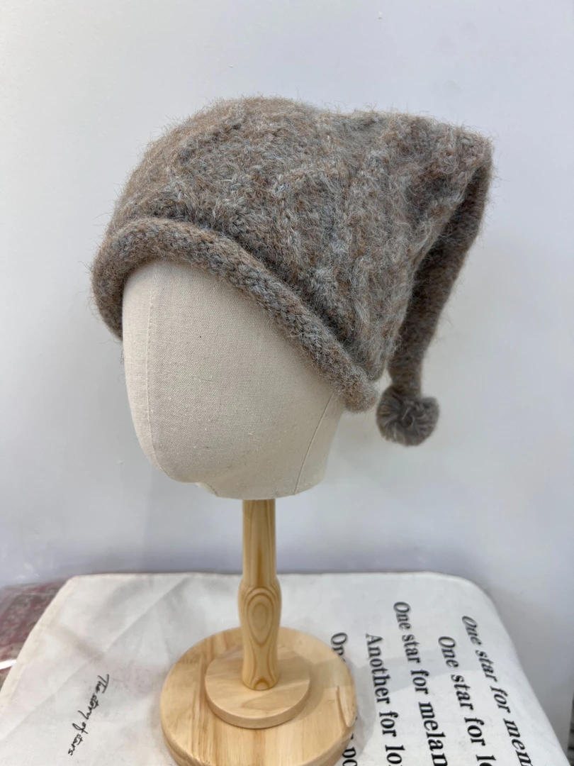 带球阿兰耳朵帽圆顶冬季帽子保暖盆帽保暖帽无檐纯色针织户外