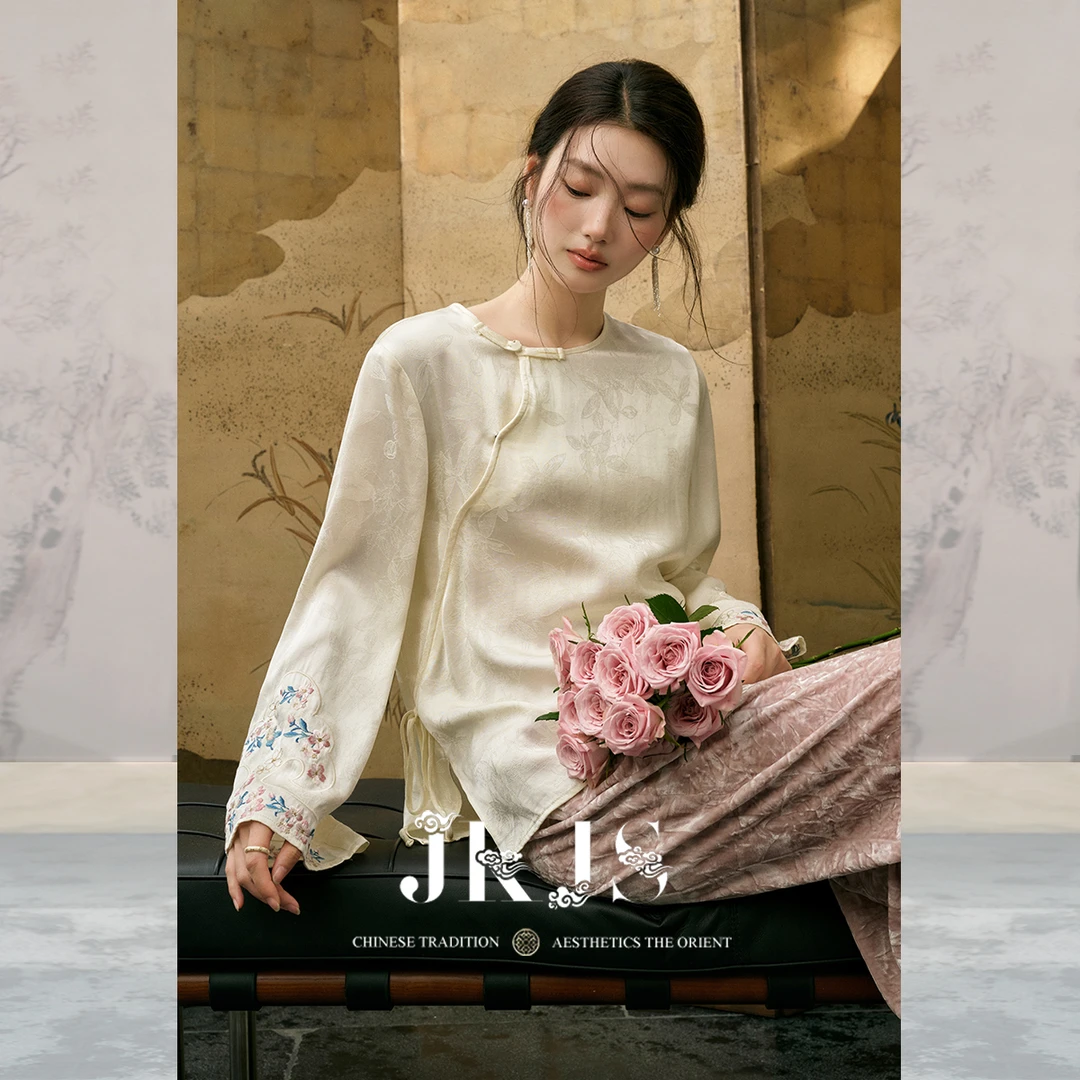 JKJS【杏花微雨】四叶草人丝提花衬衫2025新款新中式斜襟盘扣衬衣