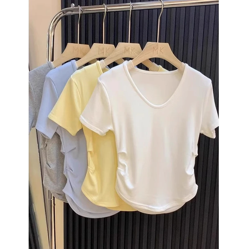 夏季新款韩版短袖T恤女设计感V领白色褶皱收腰减龄短款打底衫上衣