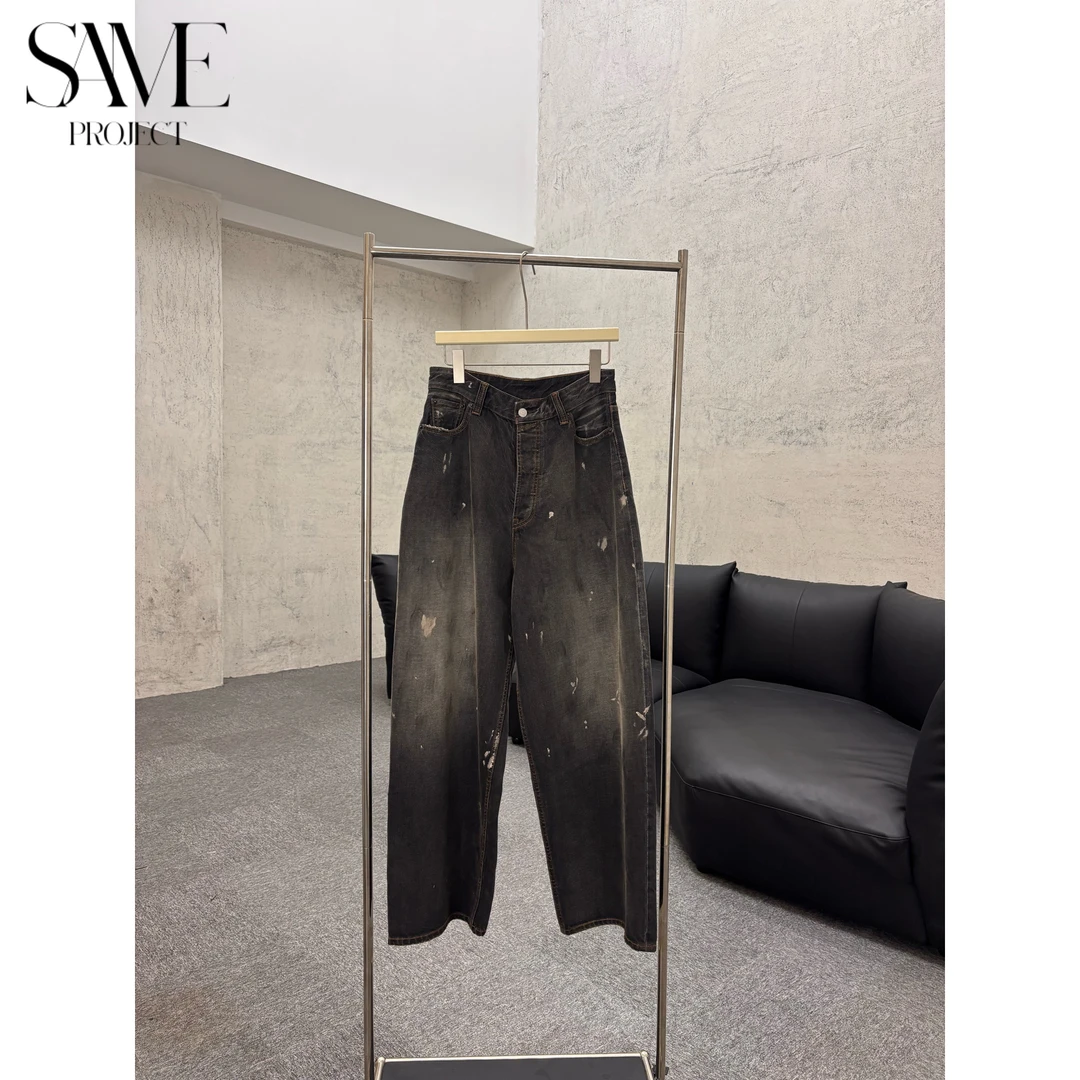 SPJ 25FW泼墨黑牛 「黑竹节定点泼墨23baggy版中低腰磨毛显瘦牛仔」