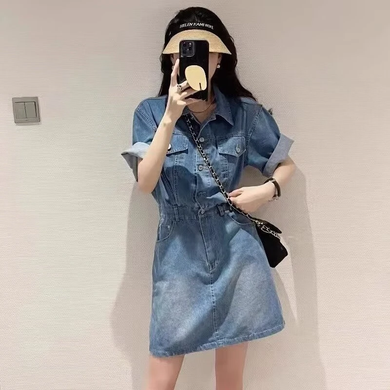 夏季牛仔裙女装复古港风浅色欧货连体短裙减龄薄款韩版收腰连衣裙