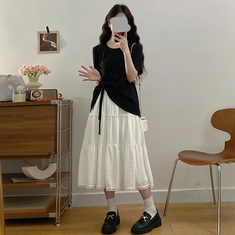 大码女装胖mm不规则系带短袖T恤蛋糕裙两件套2025夏季搭配一整套