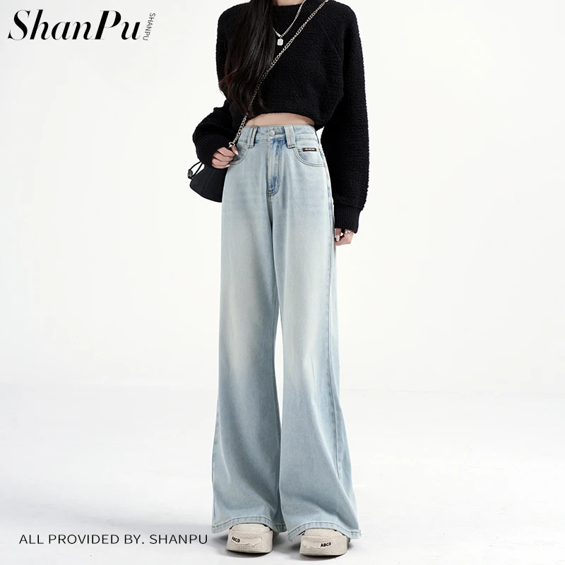 珊璞欧若风高腰阔腿牛仔裤女2025年春季新款宽松显瘦筒喇拖地裤子