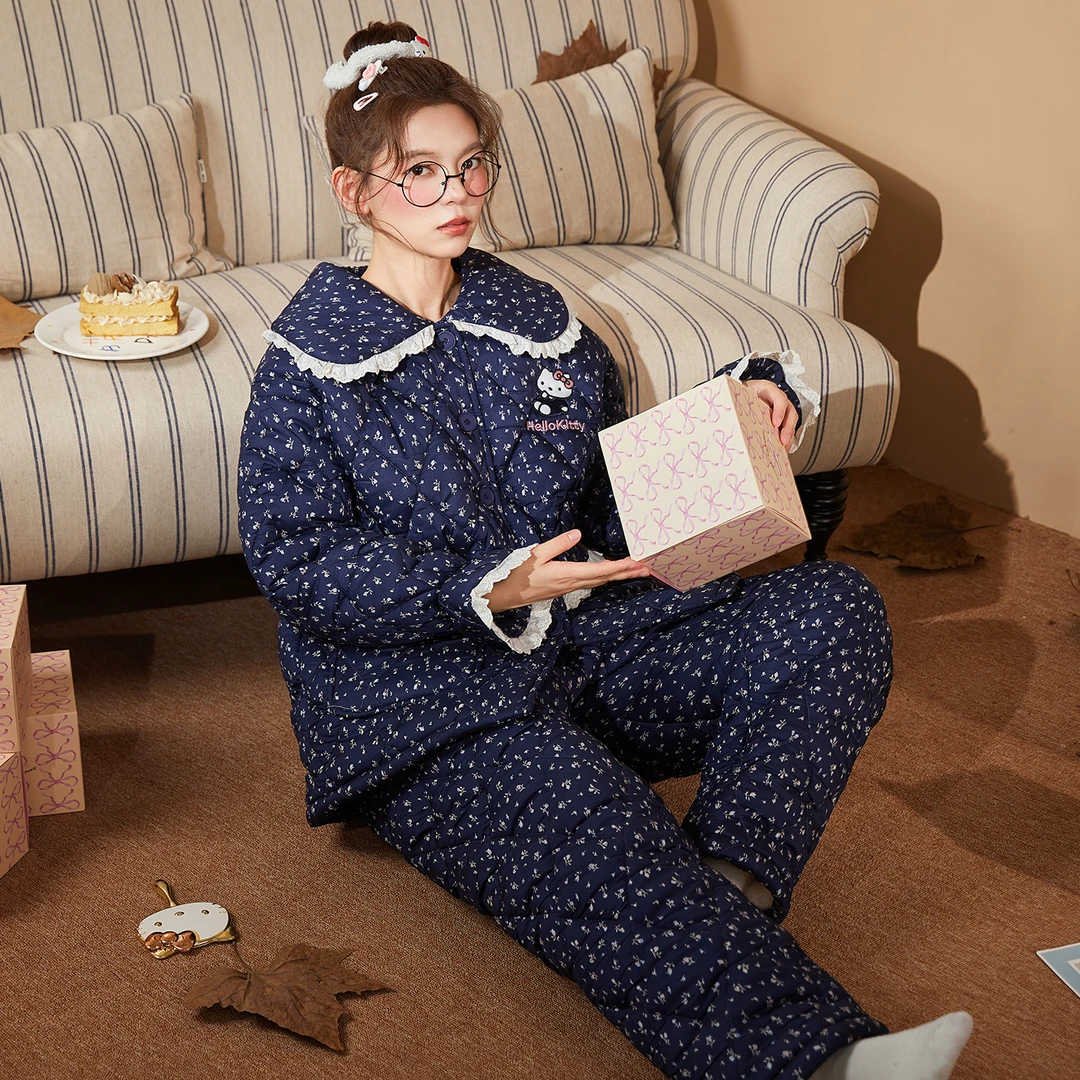冬睡衣女款爆款2025新款加绒加厚三层夹棉可爱甜美碎花家居服套装