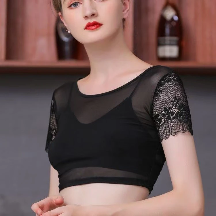 女士短袖修身蕾丝网纱打底衫内搭短款上衣