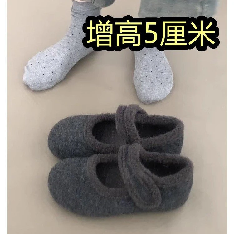 内增高厚底勃肯鞋女加绒灰色玛丽珍毛毛鞋女冬外穿韩版呢子棉鞋子