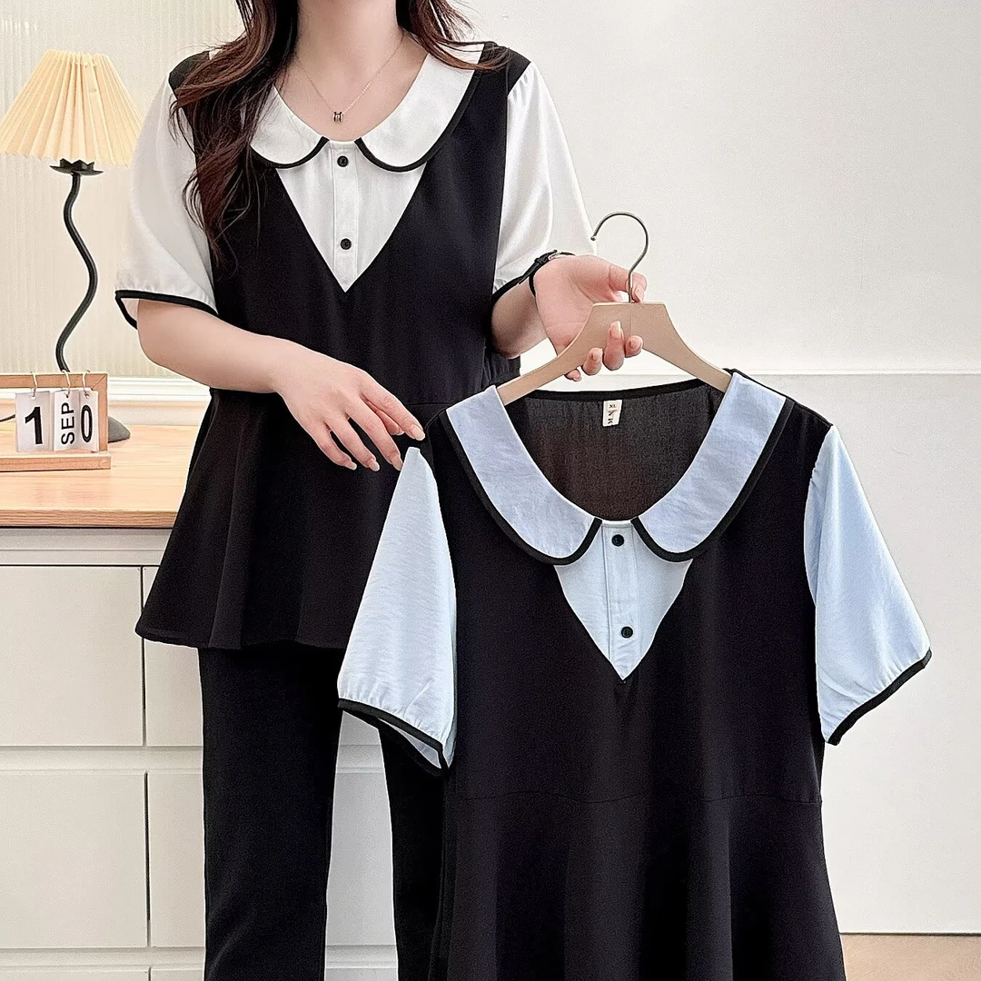 HUIZHIMEI/绘智美大码洋气显瘦设计感撞色减龄遮肚冰凉感短袖小衫