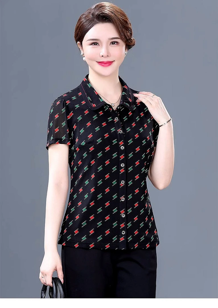 锦衣罗夏季短袖台湾网纱中老年女装开扣衬衫上衣妈妈装小衫