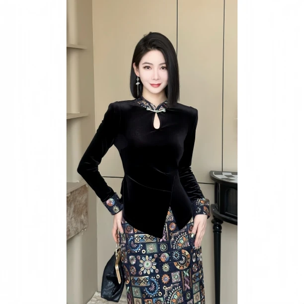 格娜2025新款秋季新中式优雅贵气小立领上衣重磅高级感半身裙套装